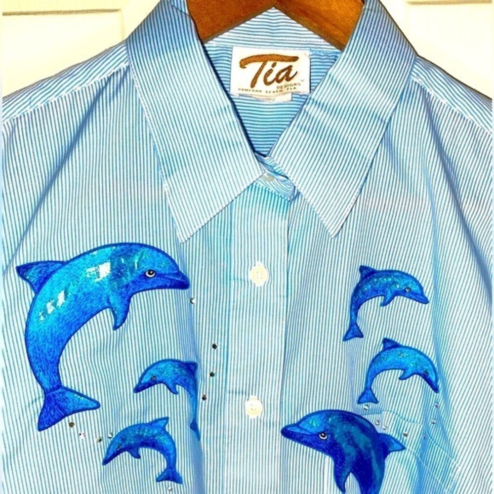 Vintage Dolphin Blue and White Striped Button Down Shirt, Women’s Size L, VTG